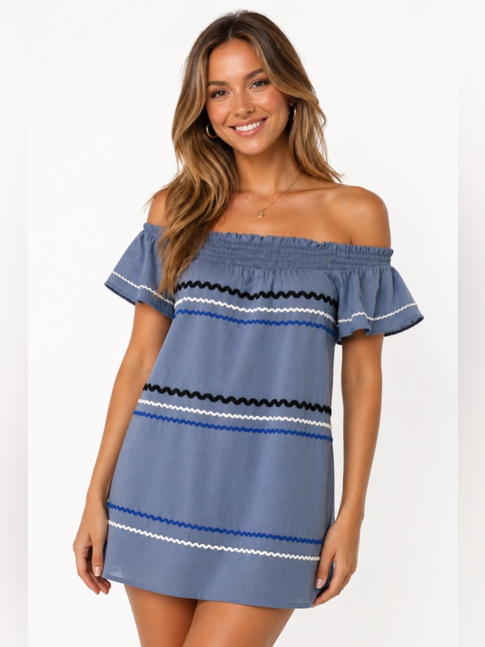 EUC Mudpie Size Large Off the Shoulder Blue Boutique Dress - Picture 1 of 10